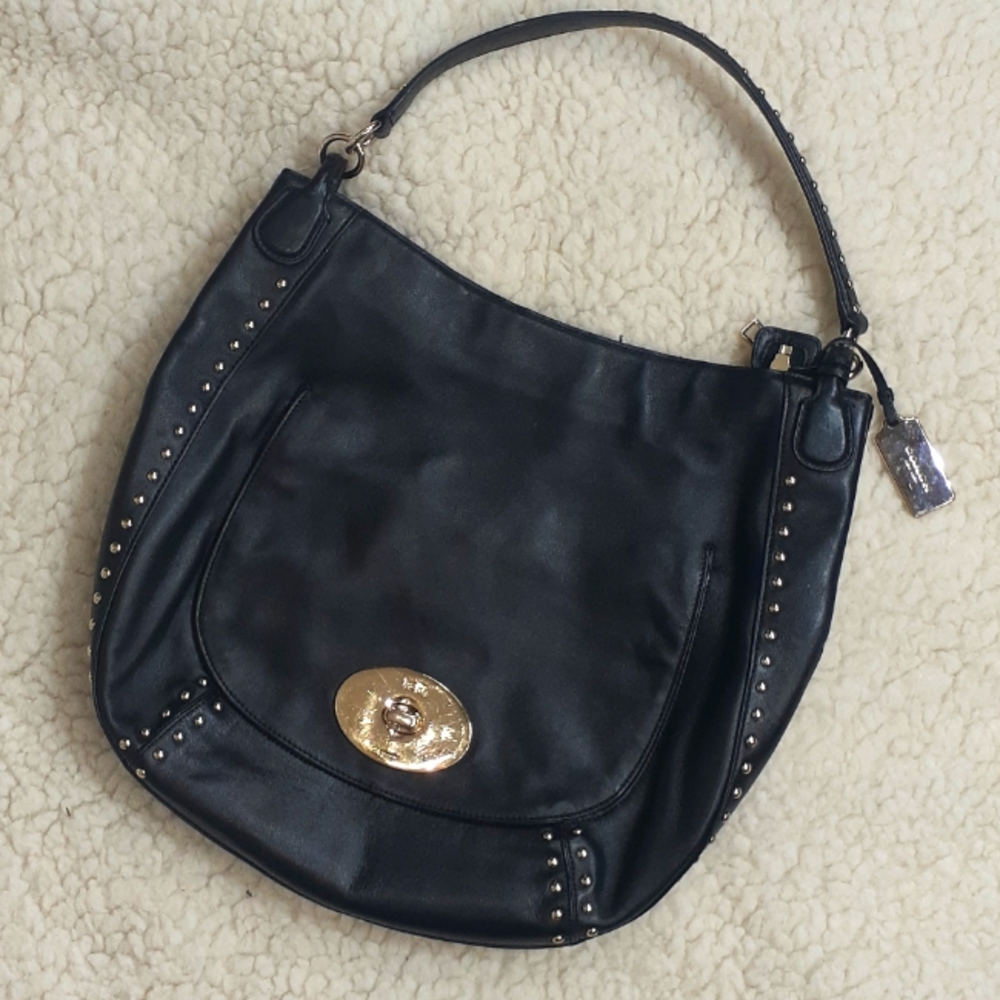 Coach black leather and gold stud shoulder bag